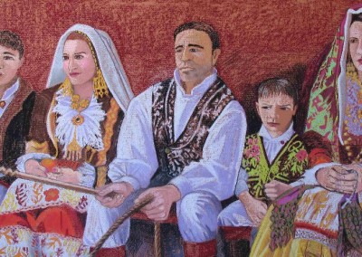 Pastell-Zeichnung | Sardische Familie in Festtracht